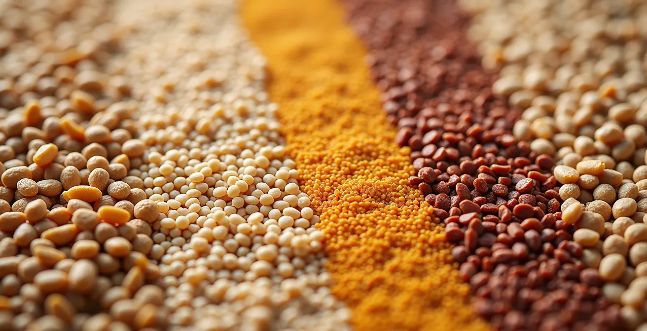 Makroaufnahme verschiedener Pseudogetreide und alternativer Kohlenhydratquellen wie Quinoa, Amaranth und Buchweizen
