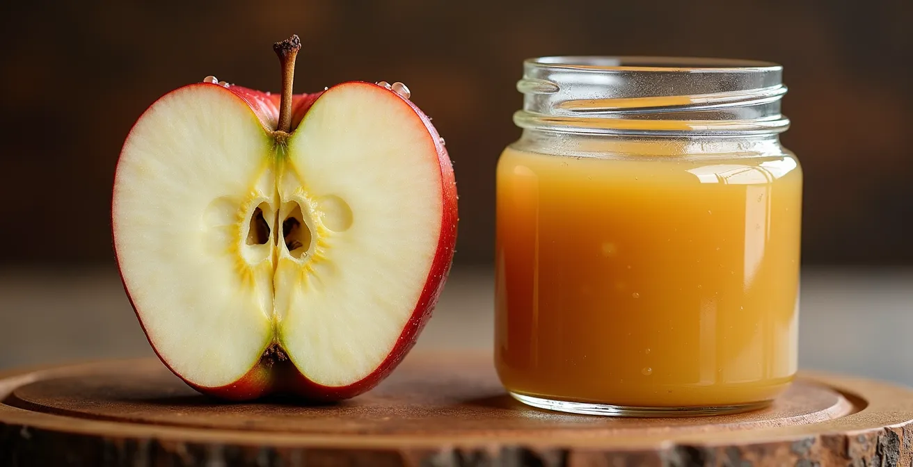 Makroaufnahme eines frischen Apfelquerschnitts neben verarbeitetem Apfelmus, die den Kontrast in Textur und Frische zeigt