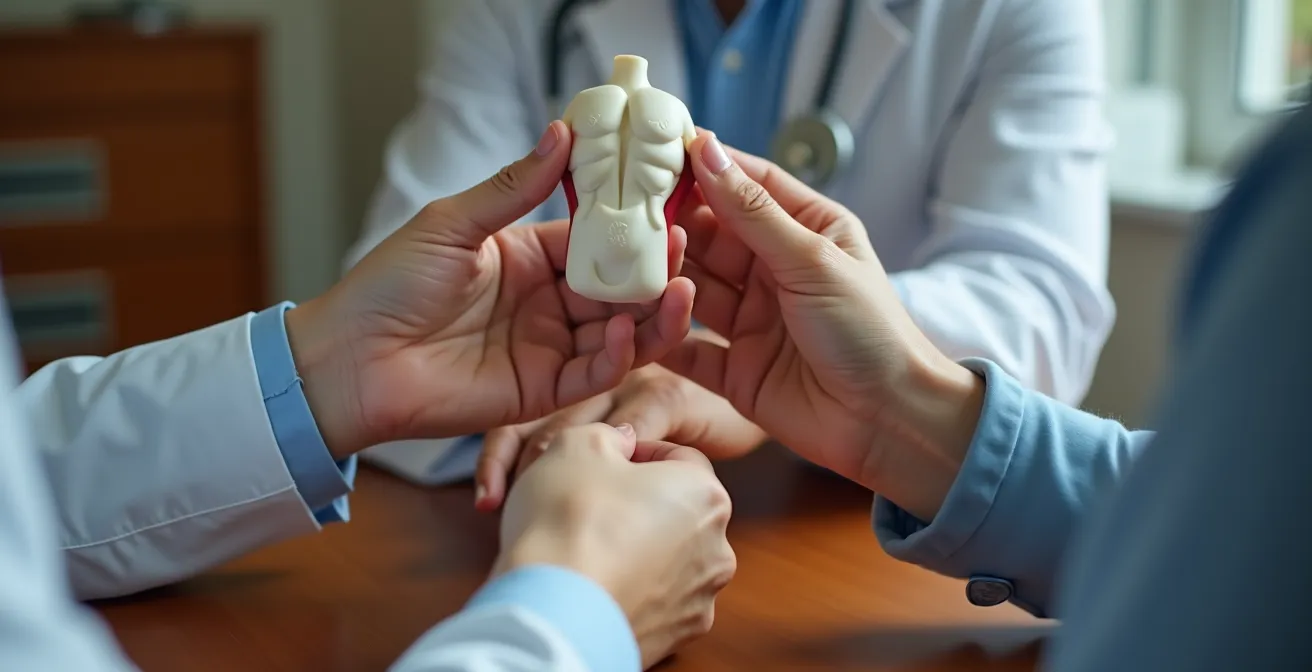 Detailaufnahme eines professionellen Beratungsgesprächs mit medizinischen Modellen