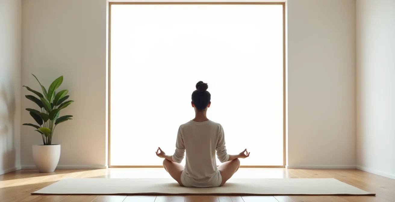 Person praktiziert Atemübung in ruhiger, minimalistischer Umgebung