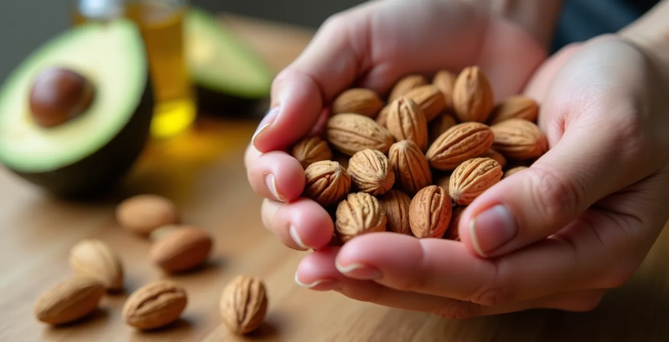 Arrangement von Avocado, gemischten Nüssen und Olivenöl als gesunde Fettquellen
