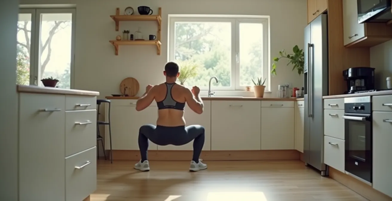 Person macht Kniebeugen während des Kaffeekochens in der Küche