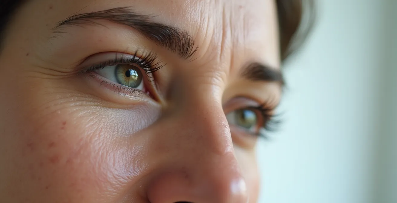 Gesicht einer Frau, das verschiedene Zonen für eine Botox-Behandlung aufzeigt, darunter Stirn, Zornesfalte und Krähenfüße.