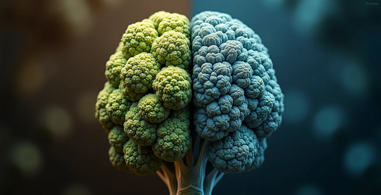 Symbolische Darstellung der Darm-Hirn-Achse und der positiven Wirkung von Ballaststoffen auf das Mikrobiom