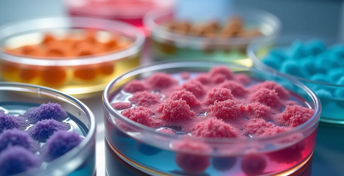 Abstrakte Makroaufnahme von Bakterienkulturen die das Darmmikrobiom symbolisieren