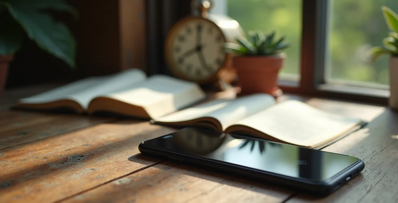 Smartphone liegt ausgeschaltet neben aufgeschlagenem Buch in natürlicher Umgebung