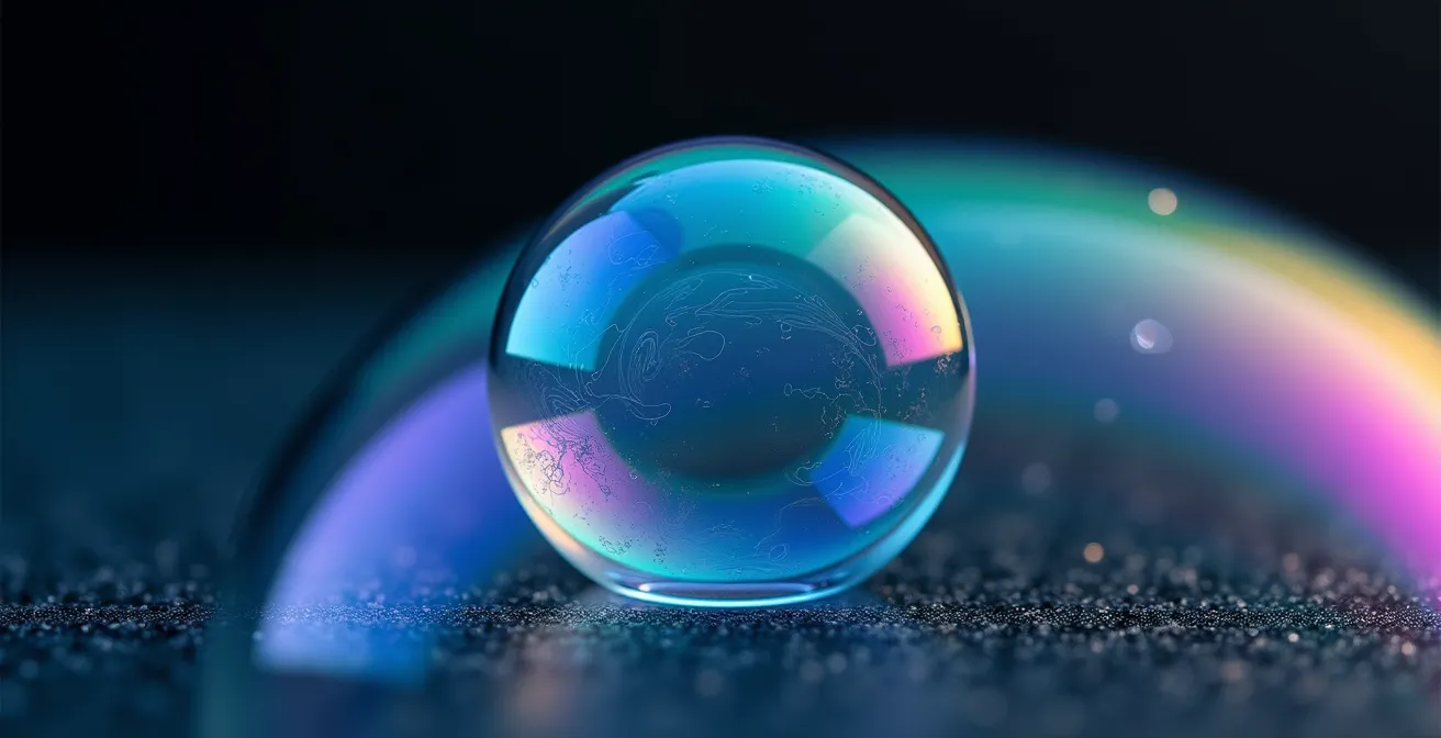 Nahaufnahme einer transparenten Seifenblase mit schillernden Farben als Metapher für emotionale Grenzen