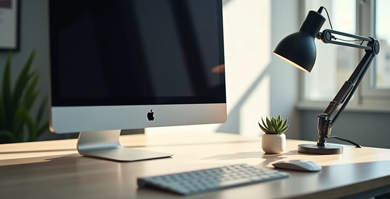 Ein minimalistischer und ergonomisch eingerichteter Arbeitsplatz zur Entlastung des Nackens