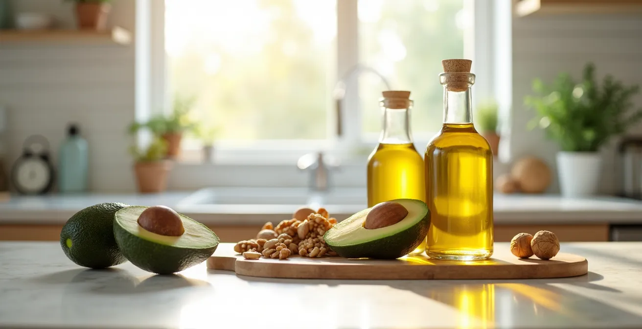 Arrangement aus gesunden Fettquellen wie Avocado, Nüssen und hochwertigen Ölen, die für die Aufnahme fettlöslicher Vitamine essenziell sind.