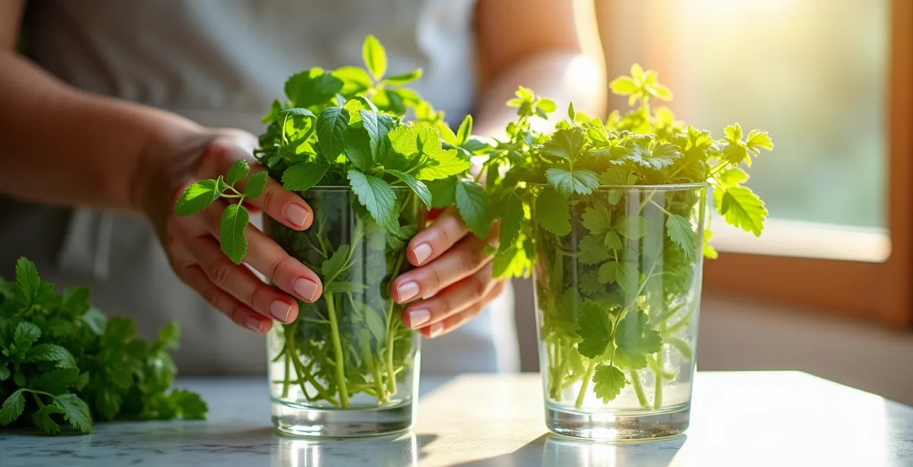 Frische Kräuter wie Basilikum und Petersilie stehen in Wassergläsern auf einer hellen Fensterbank, um länger frisch zu bleiben.