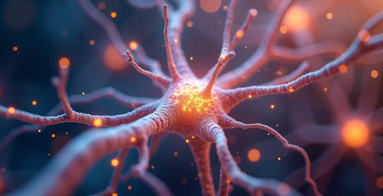 Makroaufnahme neuronaler Verbindungen im Gehirn während Meditation, die die Neuroplastizität symbolisieren