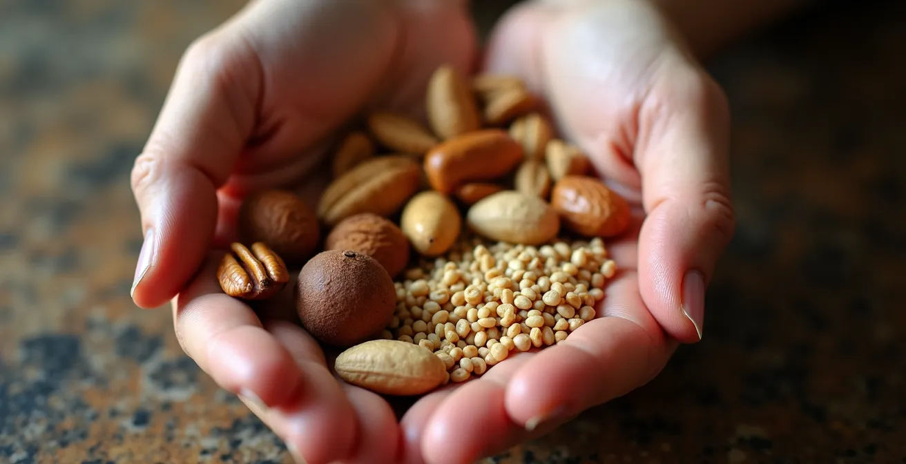 Makroaufnahme einer Hand, die verschiedene Lebensmittel wie Nüsse und Körner zur Veranschaulichung der Hand-Methode für Portionsgrößen hält.