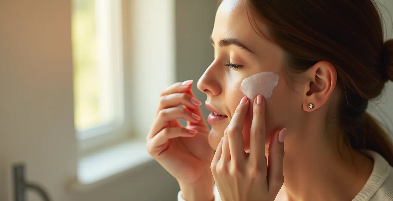 Eine Frau trägt sanft ein Hautpflegeprodukt auf, was das Ritual einer wissenschaftsbasierten Pflegeroutine symbolisiert.