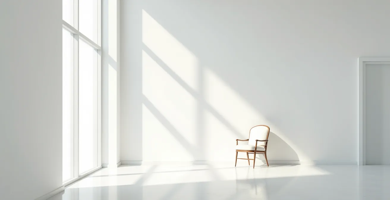 Minimalistische Weitwinkelaufnahme eines ruhigen Wartezimmers