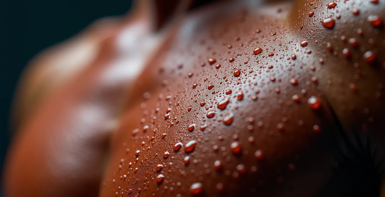 Makroaufnahme von Schweißperlen auf Haut während intensivem Training