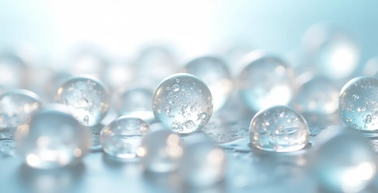 Makroaufnahme von Hyaluronsäure-Molekülstruktur mit verschiedenen Konsistenzen