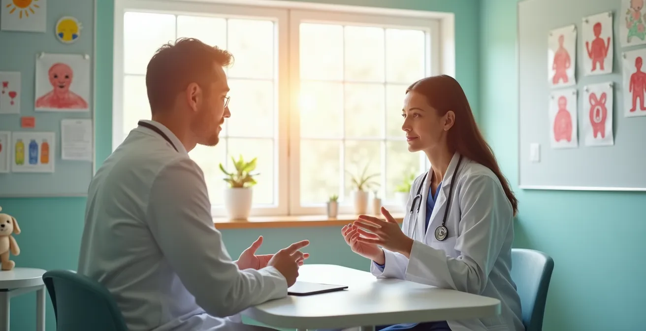 Einfühlsames Beratungsgespräch zwischen Chirurgenteam und Eltern in kinderfreundlicher Umgebung