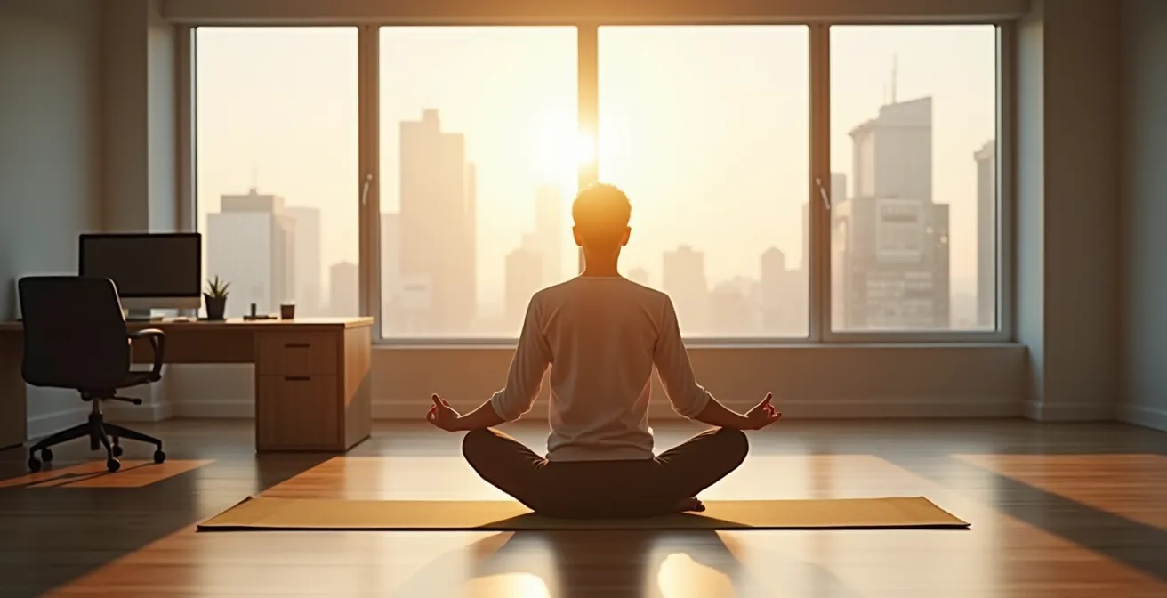 Person in meditativer Haltung am Arbeitsplatz mit fokussierten Lichtstrahlen, die Konzentration symbolisieren