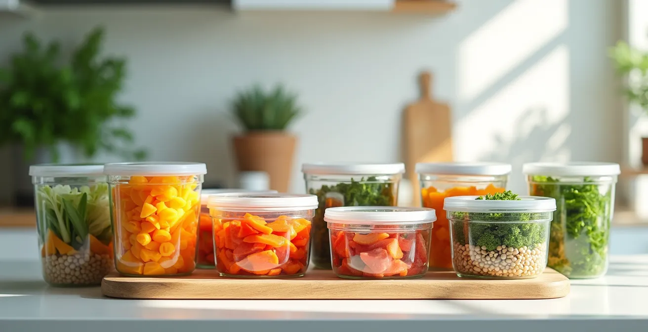Verschiedene vorbereitete Lebensmittelkomponenten wie Gemüse, Getreide und Proteine in geordneten Glasbehältern auf einer Küchentheke.