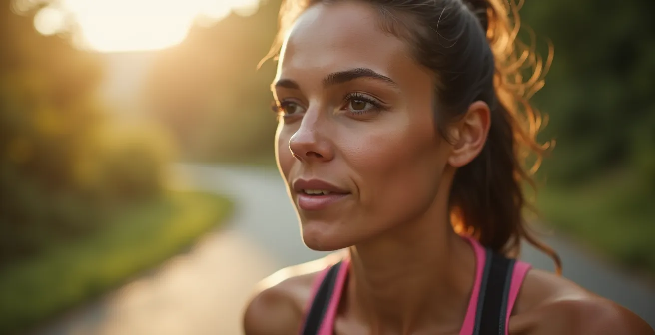 Nahaufnahme eines konzentrierten Läufers in meditativer Bewegung