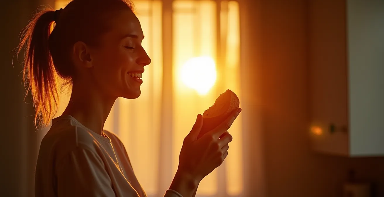 Symbolische Darstellung einer Person, die durch gesunde Ernährung Energie und Wohlbefinden ausstrahlt