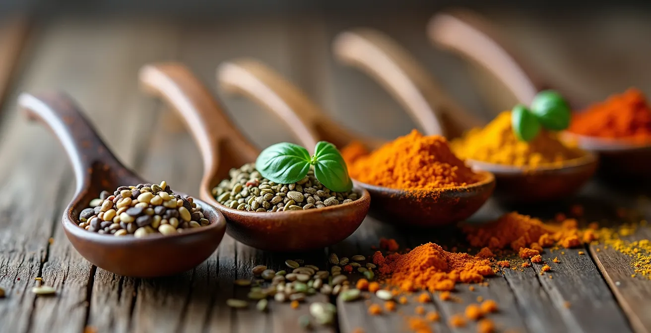 Makroaufnahme verschiedener Kräuter, Samen und Gewürze in kleinen Portionen