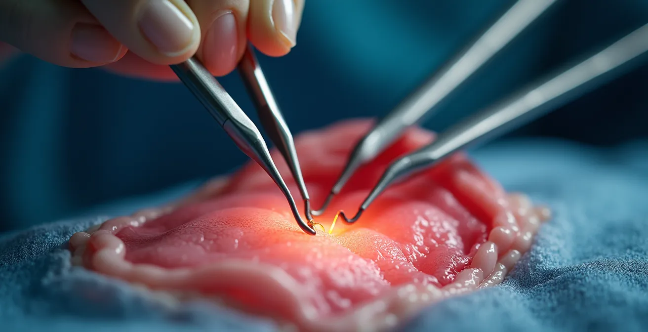 Makroaufnahme mikrochirurgischer Präzisionsarbeit bei Gesichtsnervenrekonstruktion