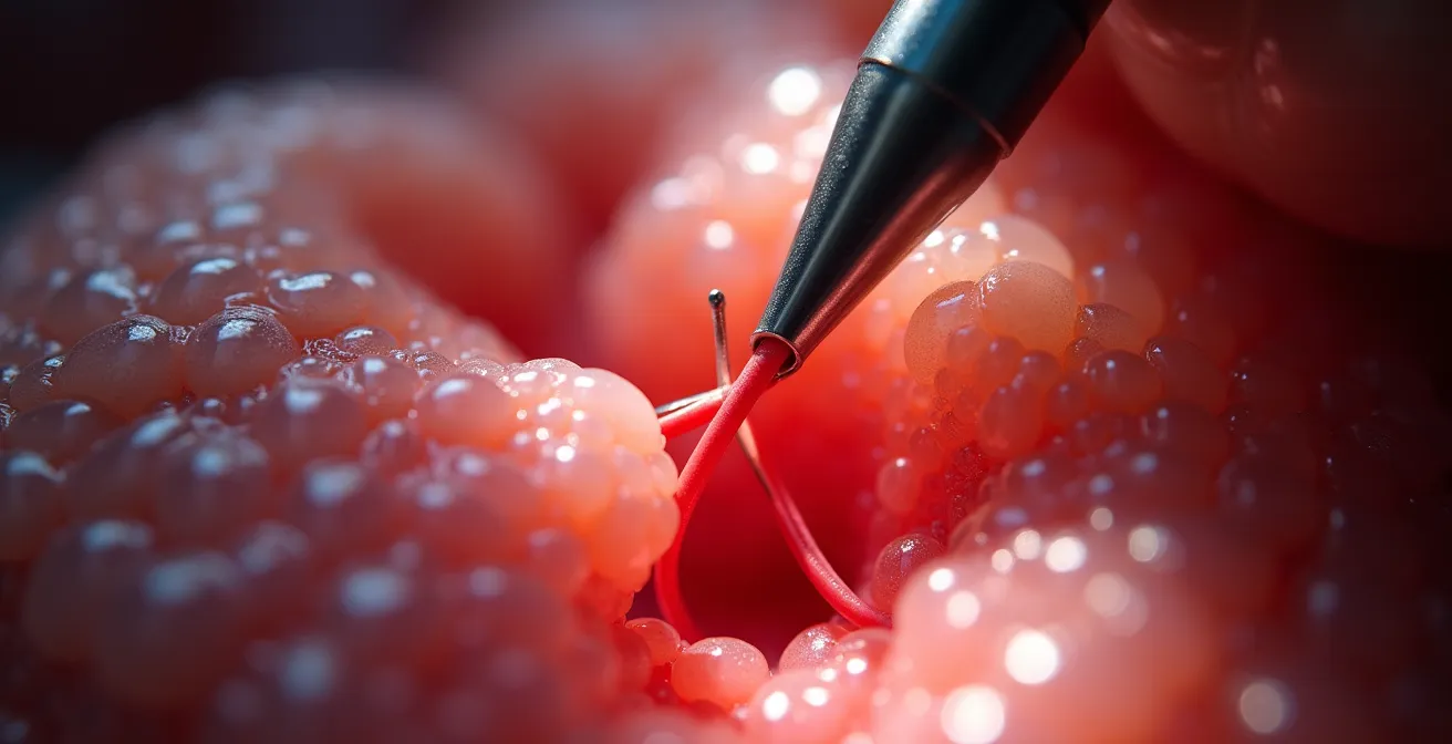 Mikroskopische Darstellung einer Gefäßanastomose während einer freien Lappenplastik