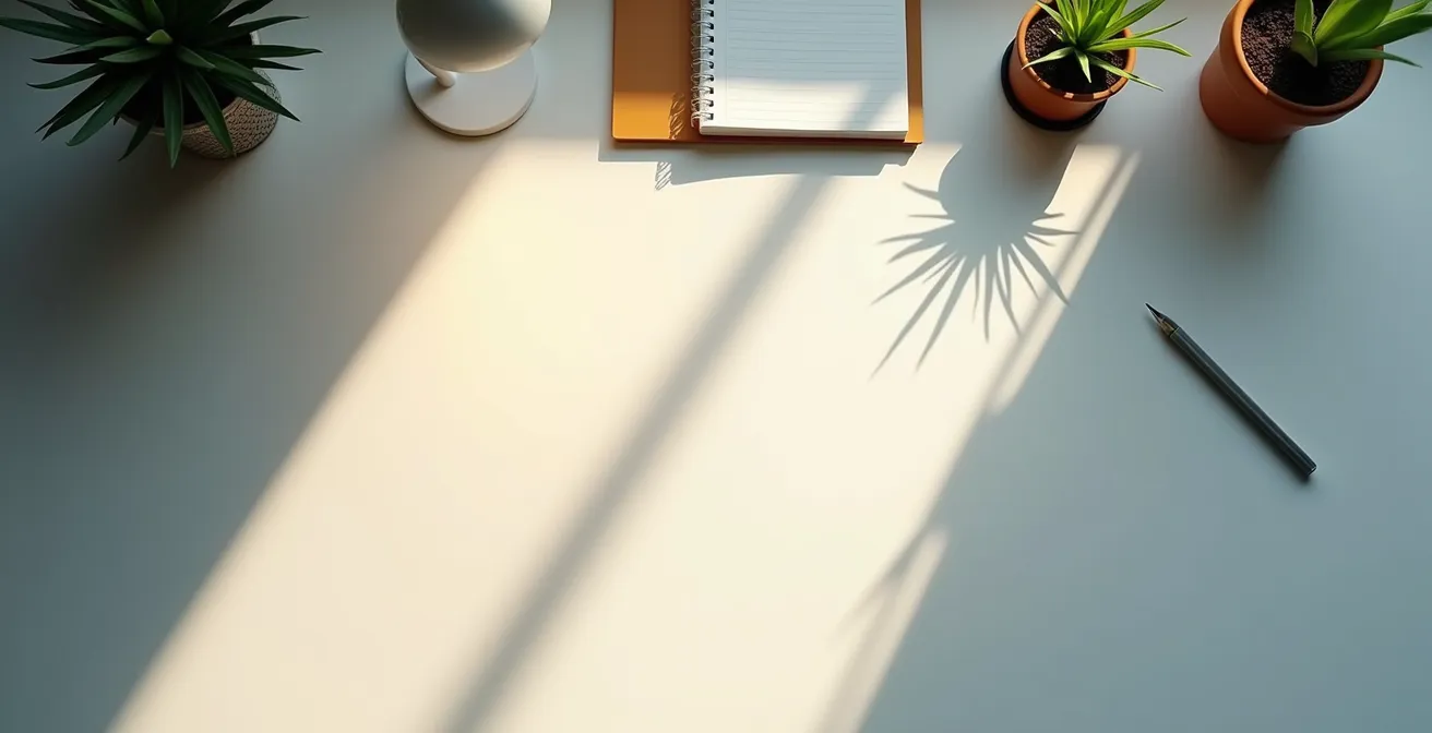 Aufgeräumter Schreibtisch mit gezielter Beleuchtung für konzentriertes Arbeiten