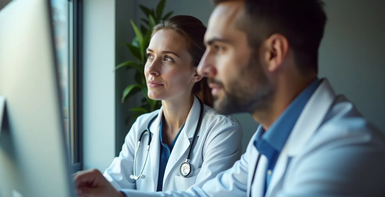 Patient und Arzt betrachten gemeinsam eine 3D-Simulation am Tablet