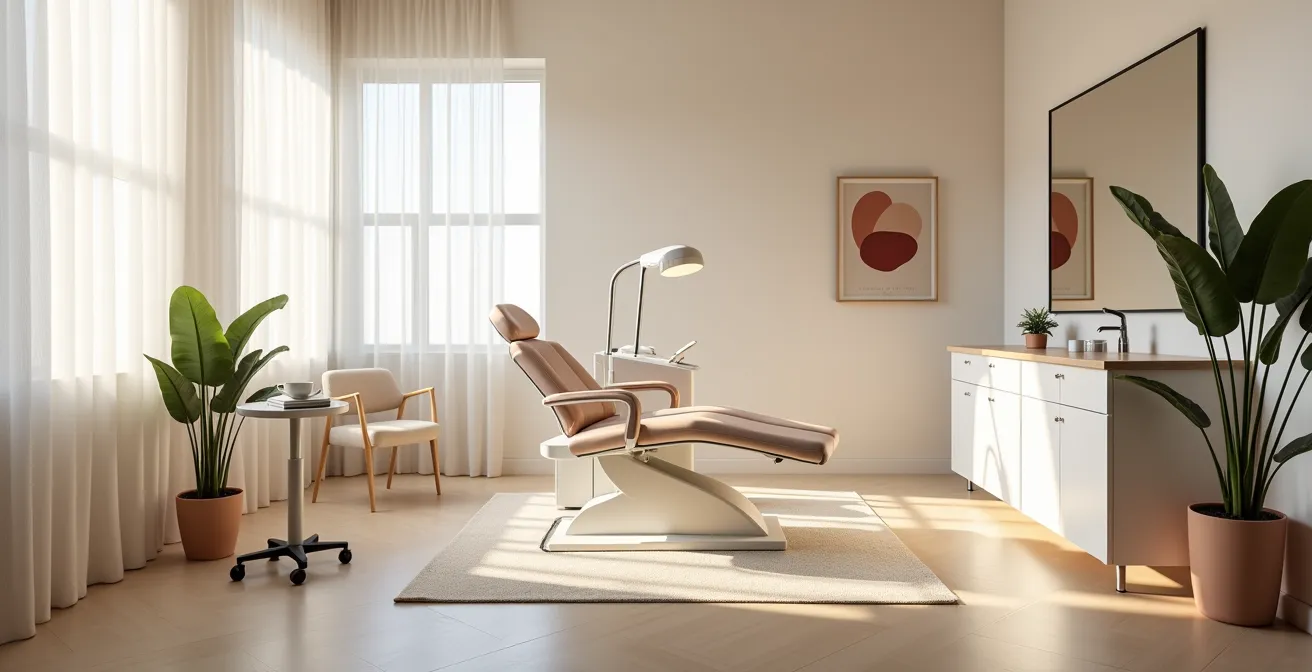 Weitwinkelaufnahme eines minimalistischen Behandlungsraums mit natürlichem Tageslicht