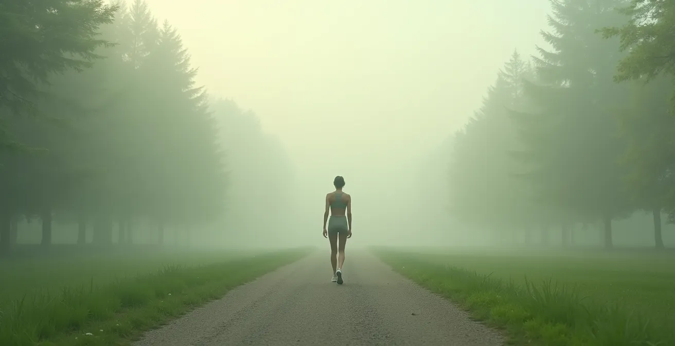 Person bei achtsamem Morgenspaziergang durch einen nebligen Park