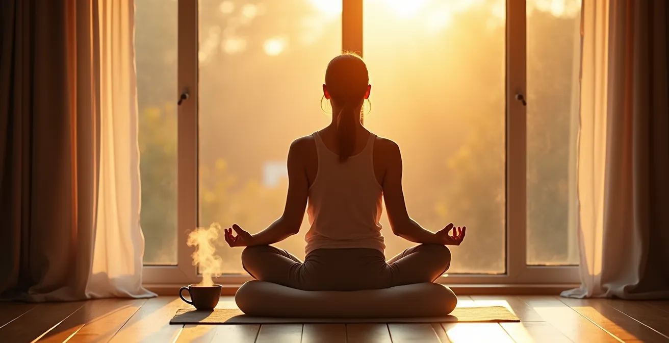 Person meditiert am Fenster bei Sonnenaufgang in ruhiger Atmosphäre