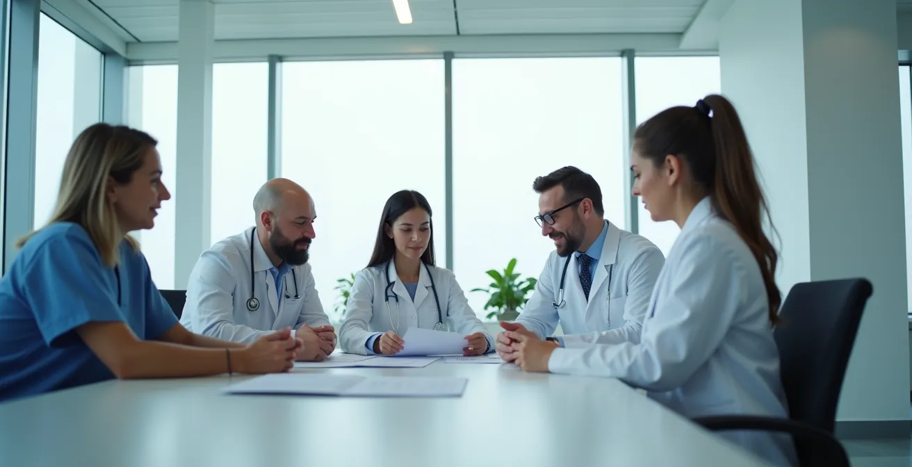 Medizinisches Team bespricht gemeinsam Behandlungsplan in hellem Konferenzraum