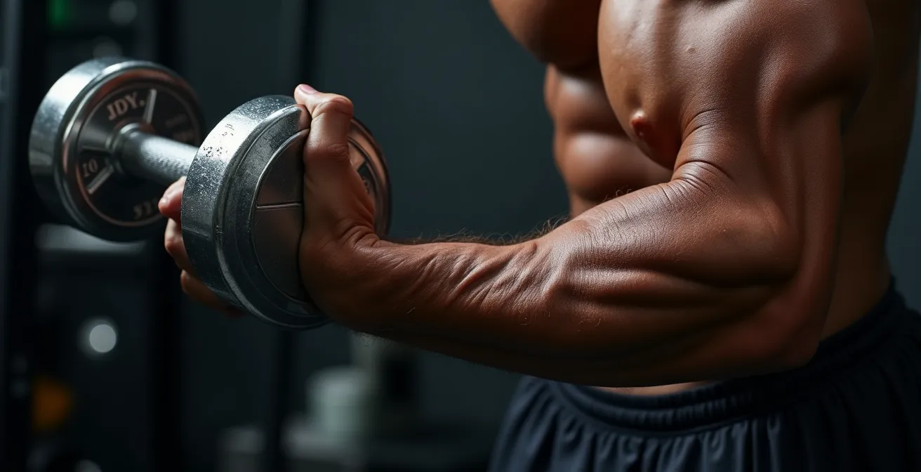 Detailaufnahme von Muskelfasern während einer Kraftübung mit Hanteln