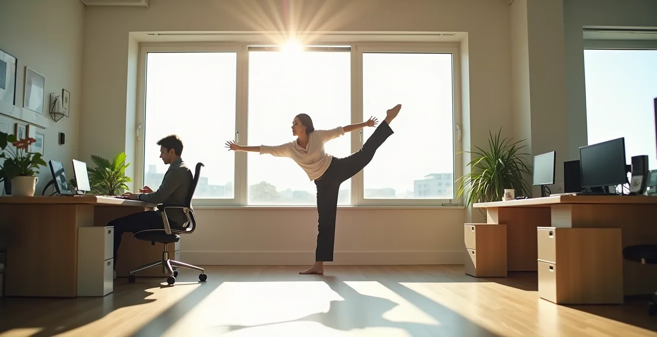 Person in einem modernen Büroraum, die am Nachmittag eine kurze Bewegungspause am Fenster macht