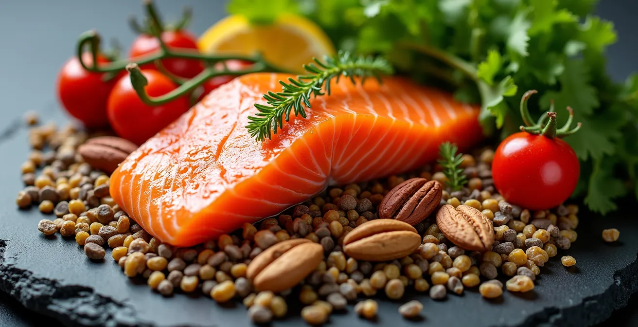 Teller mit proteinreichen Lebensmitteln und Zeitanzeige für optimale Nährstoffaufnahme