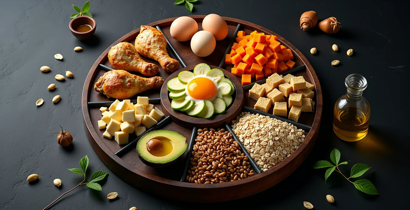 Symbolische Darstellung der Nährstoff-Synergie durch verschiedene Lebensmittelgruppen