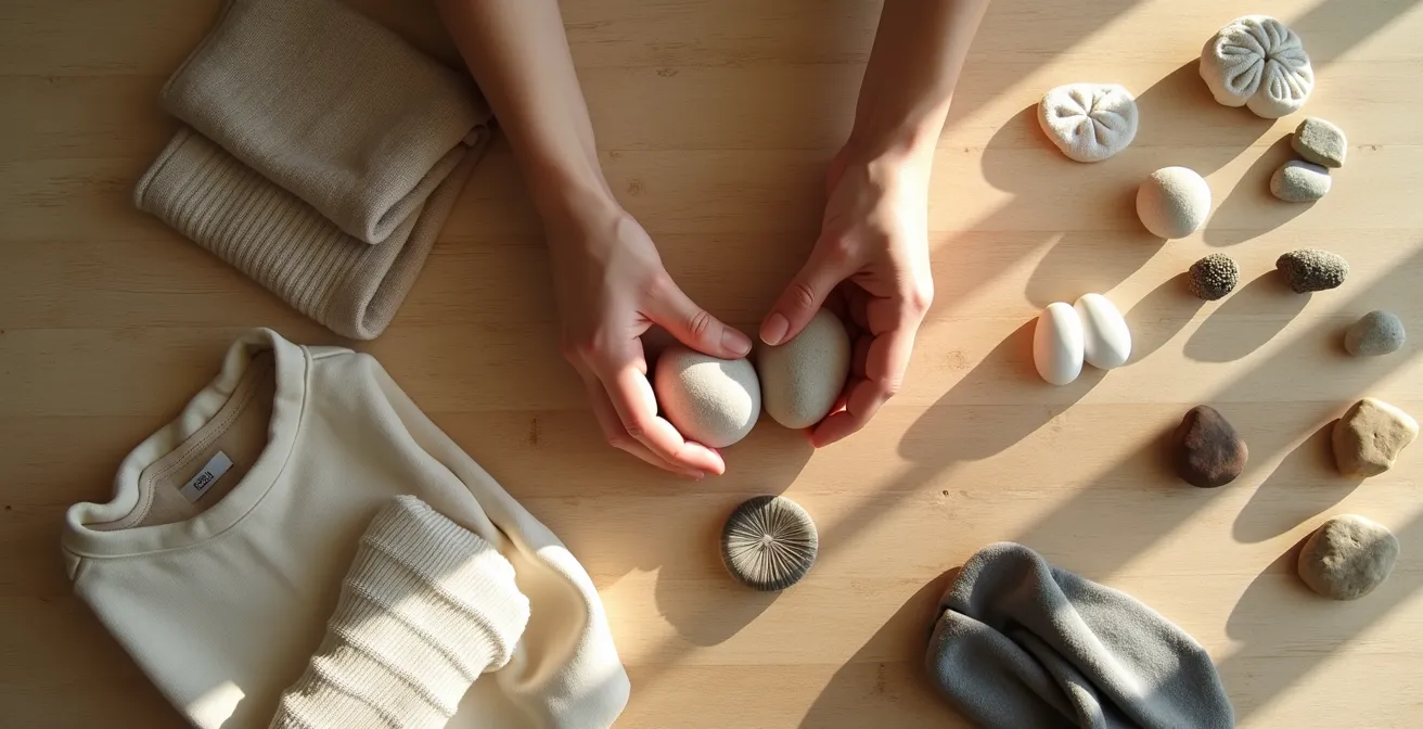 Aufgeräumter minimalistischer Raum mit Person beim achtsamen Sortieren