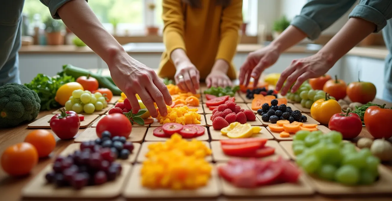Bunte Darstellung eines Pflanzen-Bingo-Spiels mit verschiedenen Obst- und Gemüsesorten