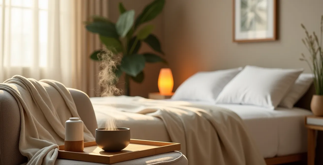 Gemütliche Szene nach dem Bad mit weichen Textilien und beruhigendem Tee