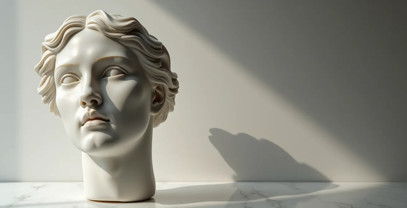 Harmonisches Gesichtsprofil einer klassischen Skulptur, das die ideale Kinnlinie und Gesichtssymmetrie symbolisiert.