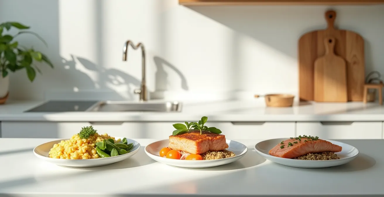 Minimalistische Darstellung der Proteinverteilung über den Tag mit natürlichen Lebensmitteln