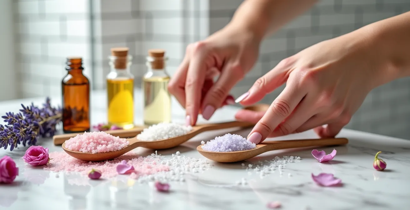Hände wählen zwischen verschiedenen ätherischen Ölen und Badesalzen für ein personalisiertes Entspannungsritual