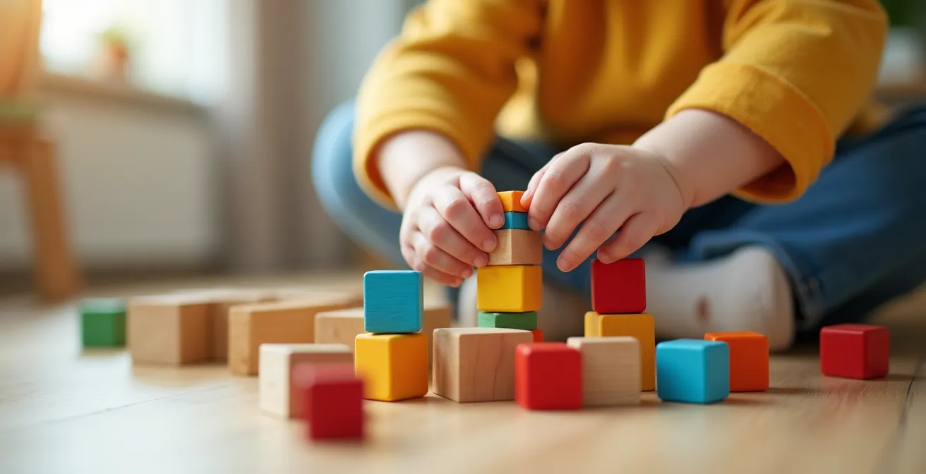Kind beim spielerischen Greifen bunter Bauklötze während der Ergotherapie