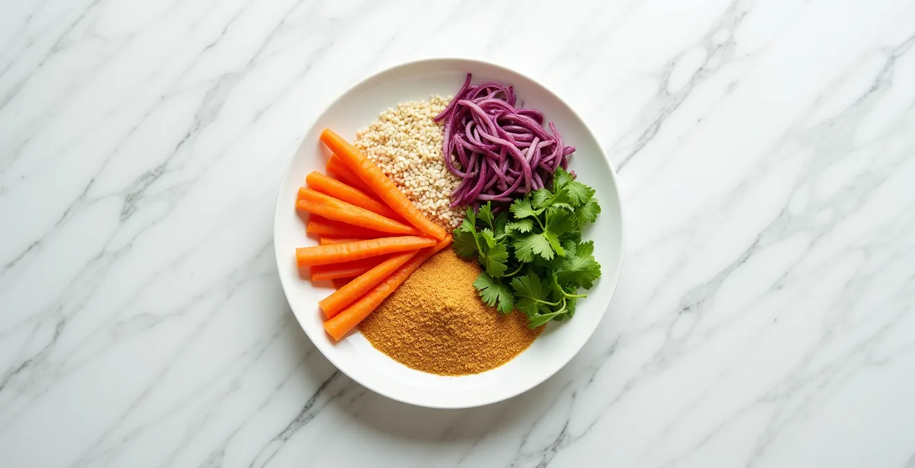 Draufsicht auf einen Teller mit visuell aufgeteilten Portionen für Gemüse, Proteine und Kohlenhydrate