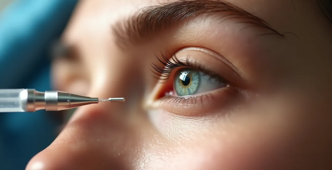 Präzise Injektionstechnik bei der Tränenrinnenunterspritzung mit einer Kanüle.