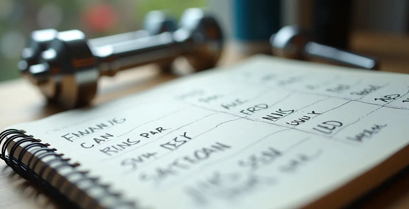 Detailaufnahme eines strukturierten Trainingsplans mit Kurzhanteln im Hintergrund