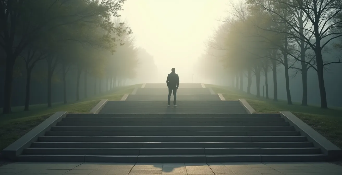 Person steht vor einer Treppe in einem Park und macht den ersten Schritt nach oben