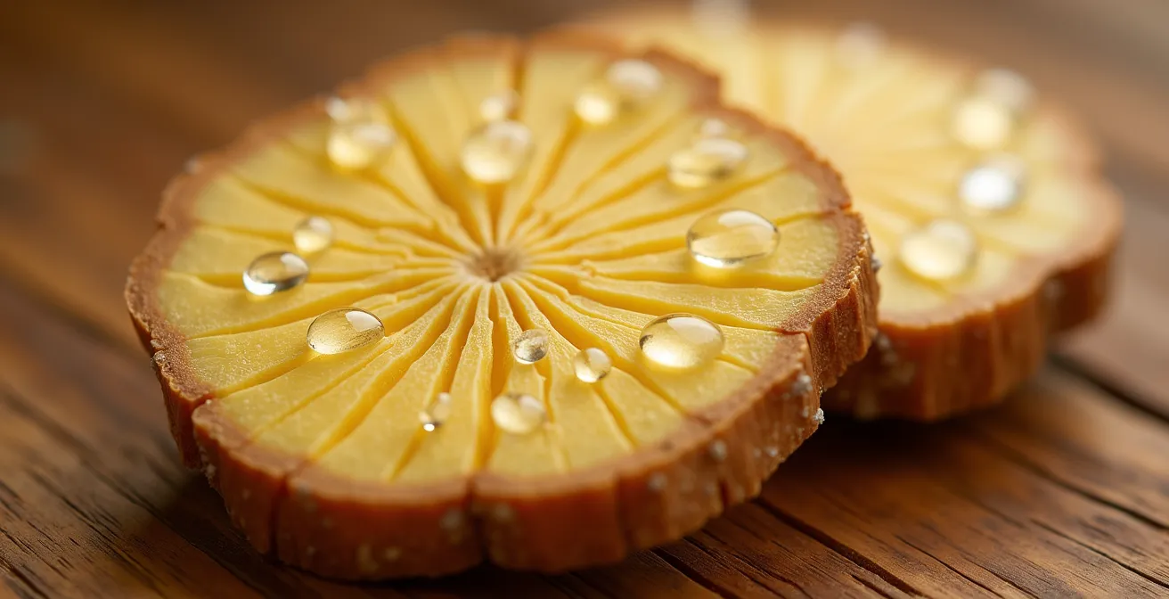 Abstrakte Makroaufnahme einer Ingwerwurzel-Schnittfläche, deren Fasern an Verdauungstrakte erinnern.